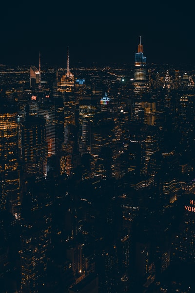 aerial view of city buildings during night time